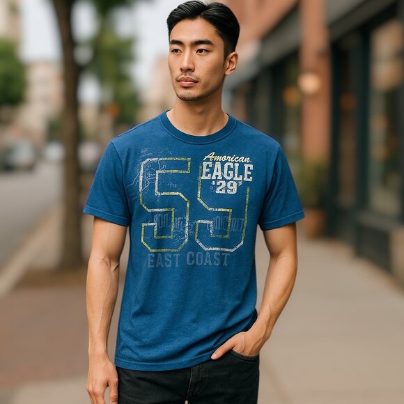 2 for/$25 American Eagle Vintage Fit Embroidered Logo Blue Tee Shirt Size Large - Picture 1 of 10